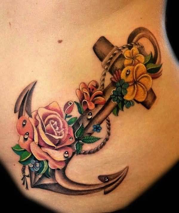 Anchor Tattoo With Rose Flowers On Side Rib