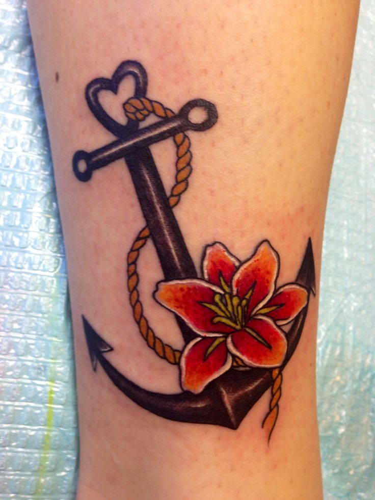 Anchor With Rope And flower Tattoo