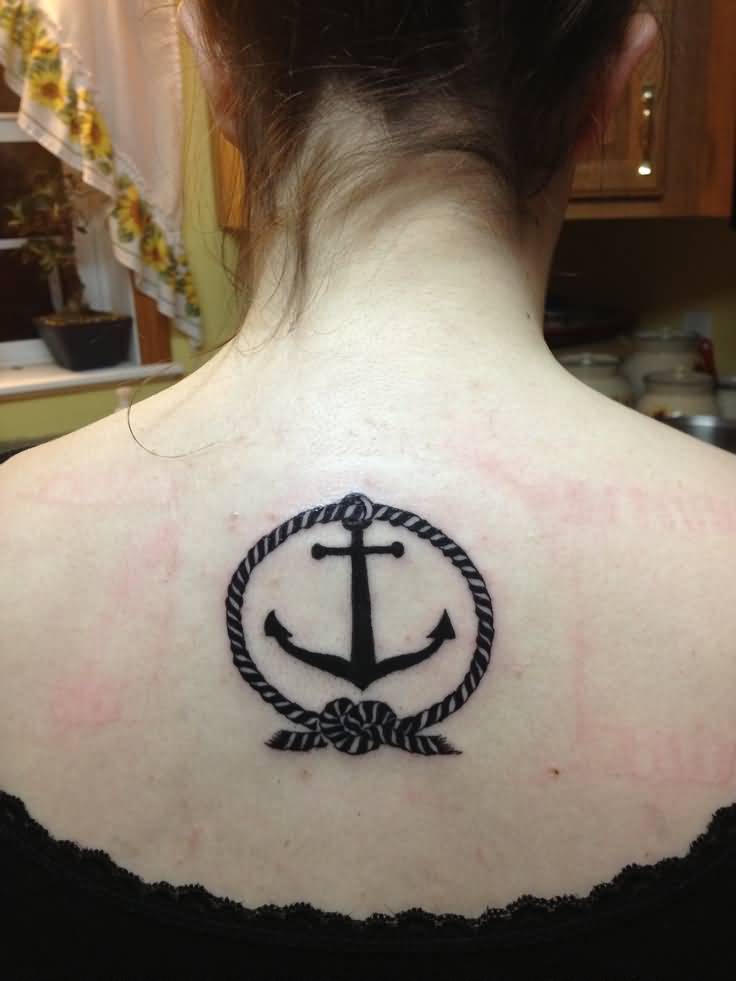 Anchor With Rope Knot Tattoo On Girls Back