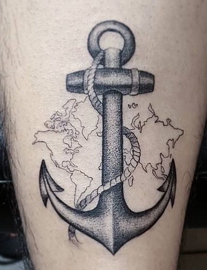 Anchor With World Map In Background Tattoo