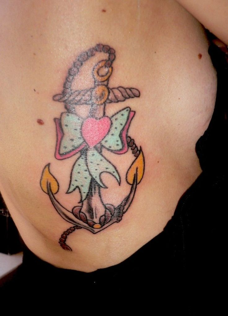 Anchor With heart And Bow Tattoo On Side rib Cage