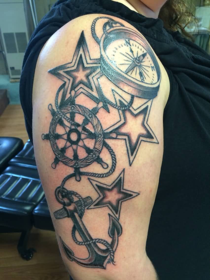 Anchor, Sailor Wheel, Stars And Compass Nautical Tattoo On sleeve