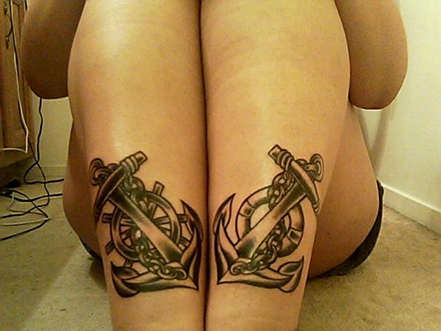 Anchors With Wheel Nautical Tattoo On Legs