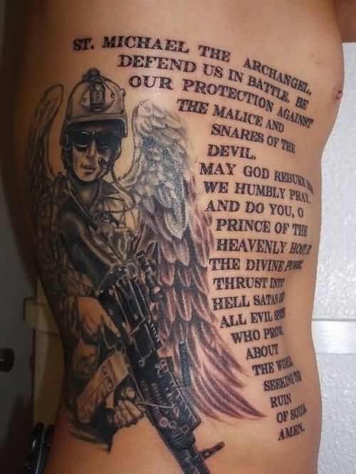 Angel Winged Armymen With Quote Tattoo On Side Rib Cage