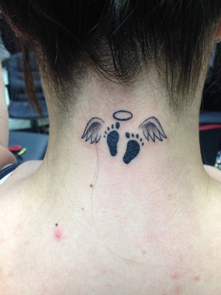 Angel Wings With Halo And Baby Foot Prints Tattoo On back Neck