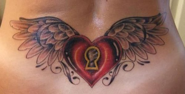 Angel Wings With Heart Lock Tattoo On Lower Back