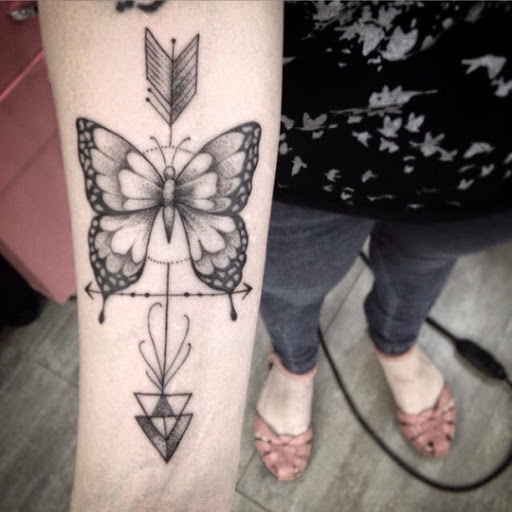 Arrow Tattoo with Big Butterfly Design