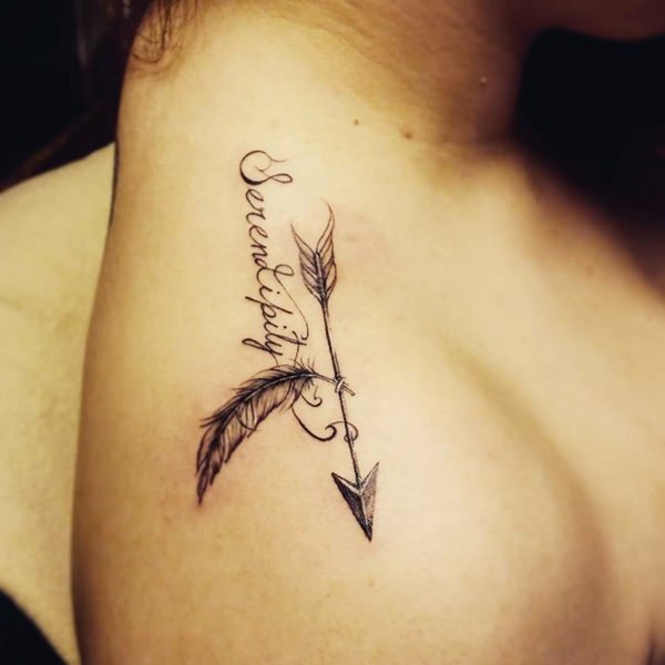 Arrow With Feather And Lettering Tatttoo On Shoulder