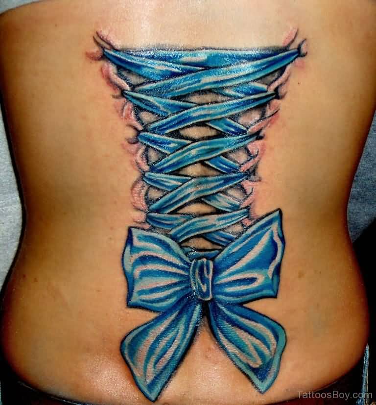 Attractive Blue Corset Bow Tattoo On Full back