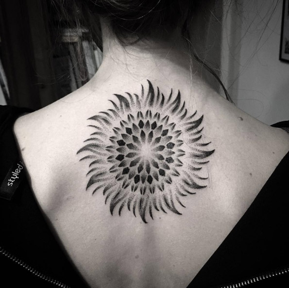 Awesome Dotwork Sun Tattoo Design On Girls back