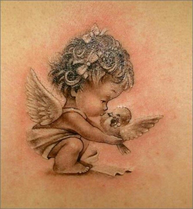Baby Angel With Bird Tattoo Design Ideas