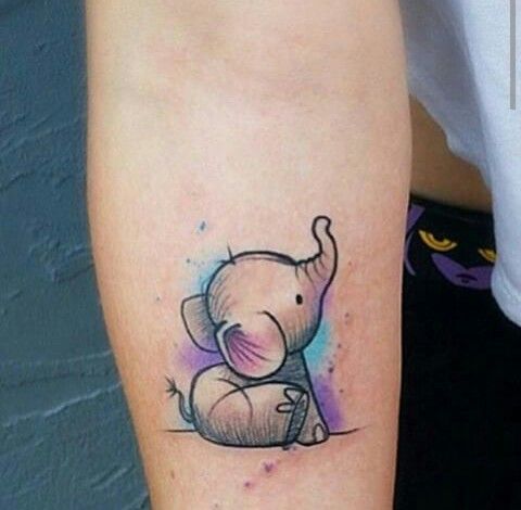 Baby Elephant Watercolor Tattoo On Forearm