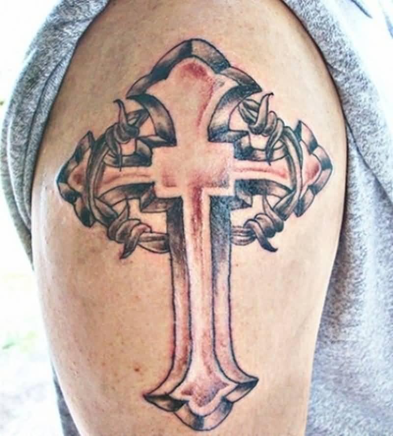 Barbed Wire And Cross Tattoo On Upper Shoulder