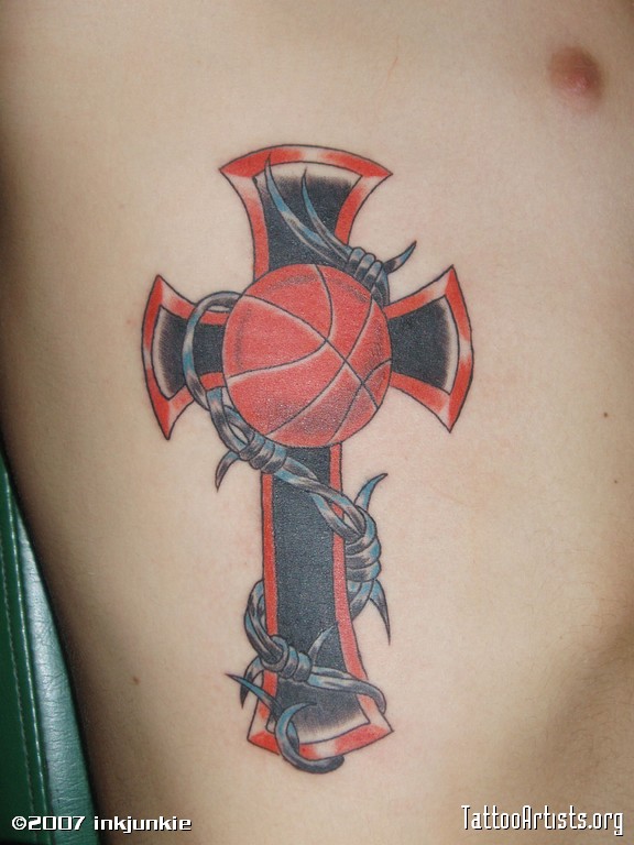 Basketball And Barbed Wire Cross Tattoo