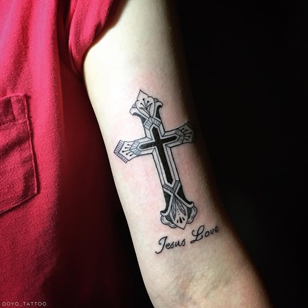 Beautiful Cross Tattoo With Jesus Love Lettering On Forearm
