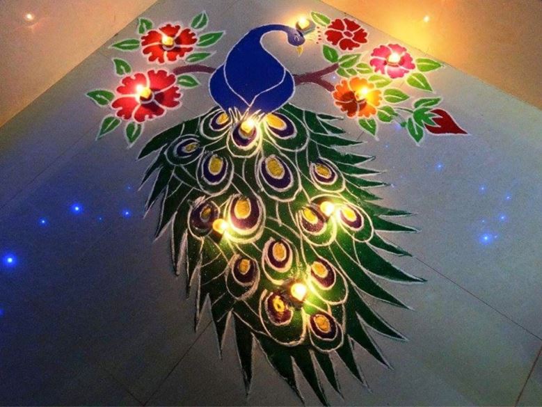 Beautiful Peacock Rangoli Design For Diwali