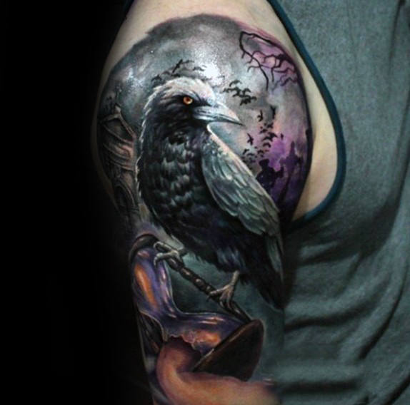 Bird With Broken Hourglass Tattoo On half Sleeve
