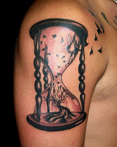 Birds Flew Out of Hourglass Tattoo On Half Sleeve