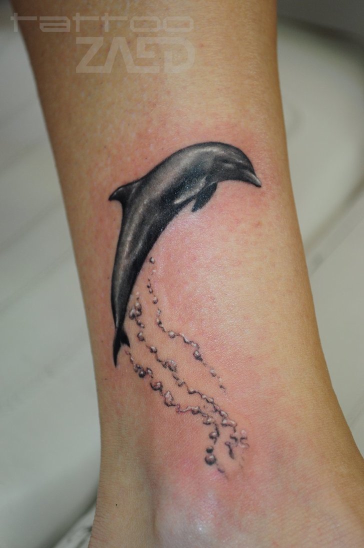 Black 3d Dolphin Tattoo On Leg