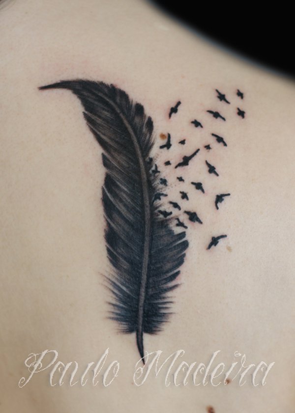Black And Gray Feather With Flying Birds Tattoo