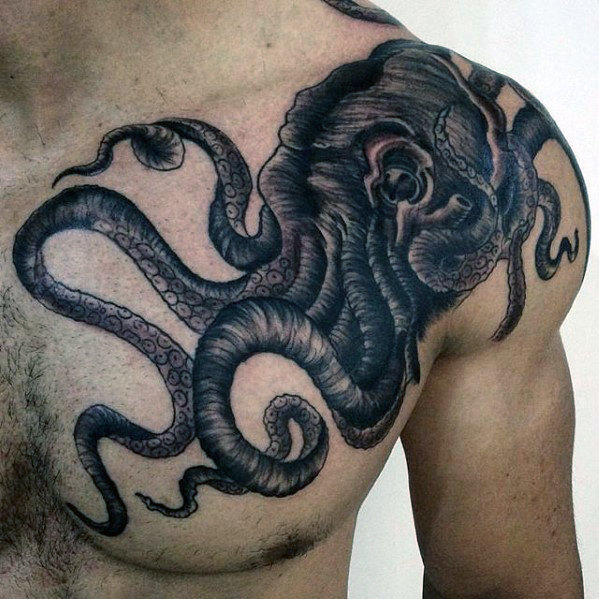 Black And Gray Octopus Tattoo On Chest And Shoulder For Men