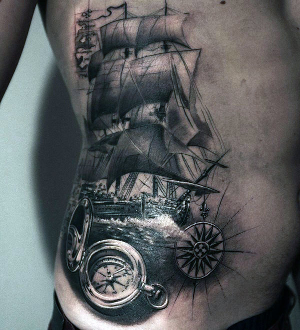 Black And White Sailing Ship And Compass Nautical Tattoo On Side Rib cage