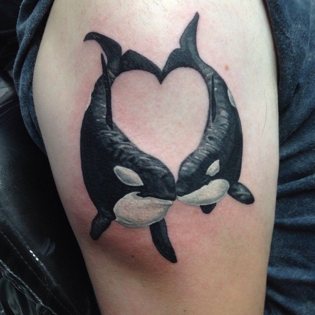 Black And White Two 3d Dolphins Tattoo