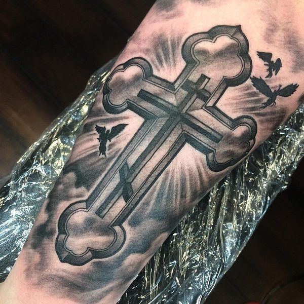 Black And gray Tattoo With Flying Angels