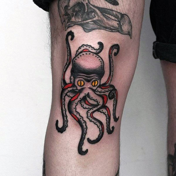 Black And red Octopus Tattoo On Knee