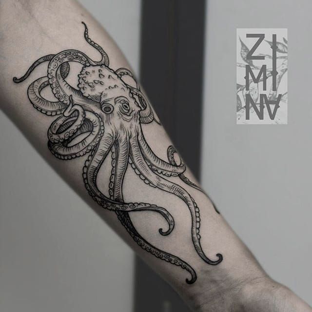 Black Art Work Octopus Tattoo On Forearm