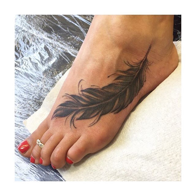 Black Feather Tattoo On Foot