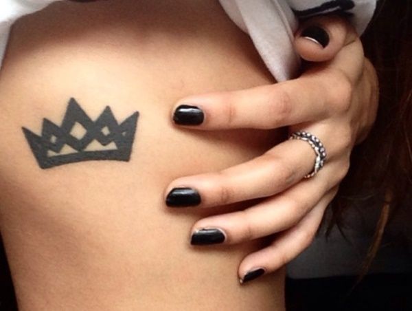 Black Geometric Crown Tattoo On Side Rib Cage