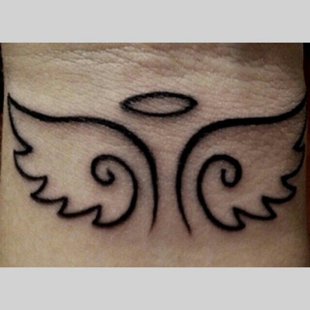 Black Ink Angel Wings With Halo Tattoo On Wrist
