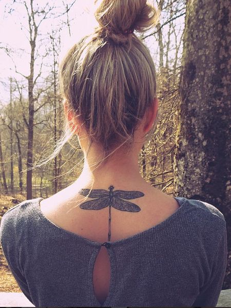 Black Ink Dragonfly Tattoo On Girls Nape