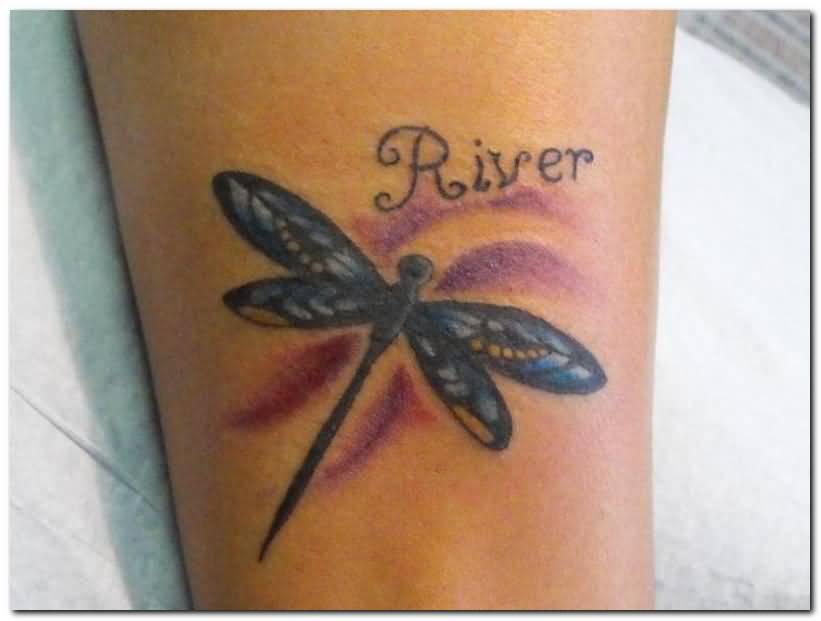 Black Ink Dragonfly Tattoo With River Text