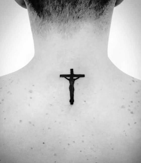 Black Ink Jesus On Cross Tattoo On Upper Back