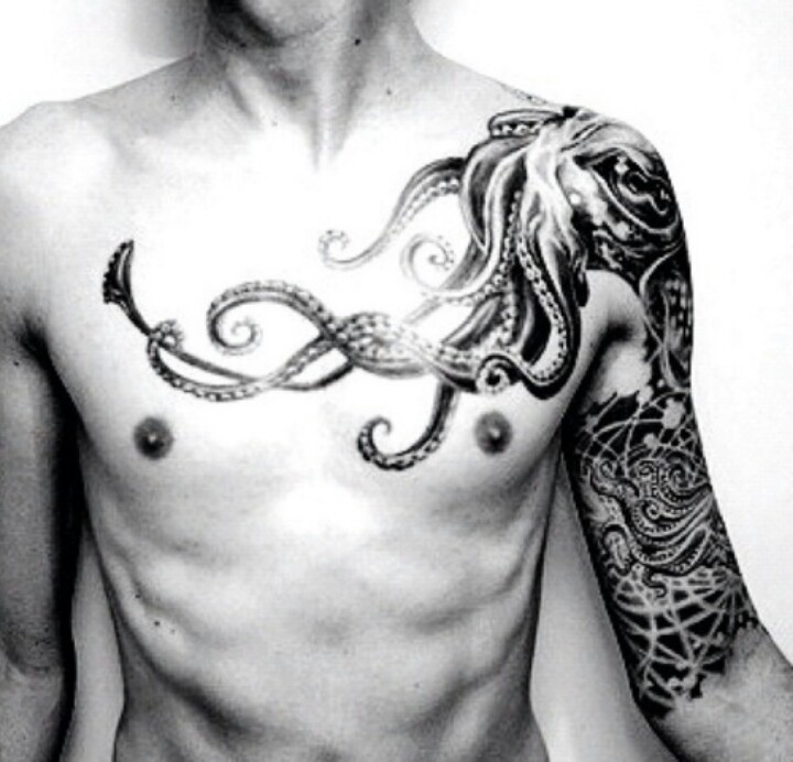 Black Ink Octopus On Chest And Half Sleeve