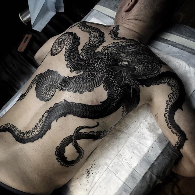 Black Ink Octopus Tattoo On Back