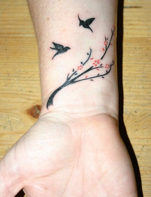 Black Ink Two Small Doves Tattoo On Cherry Blossom