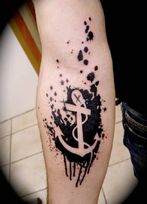 Black Inked Blood Drenched Anchor Tattoo On Arm
