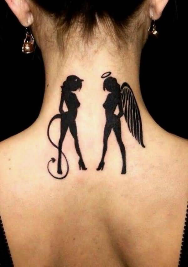 Black Silhouette Devil And Angel Tattoo On Back Neck
