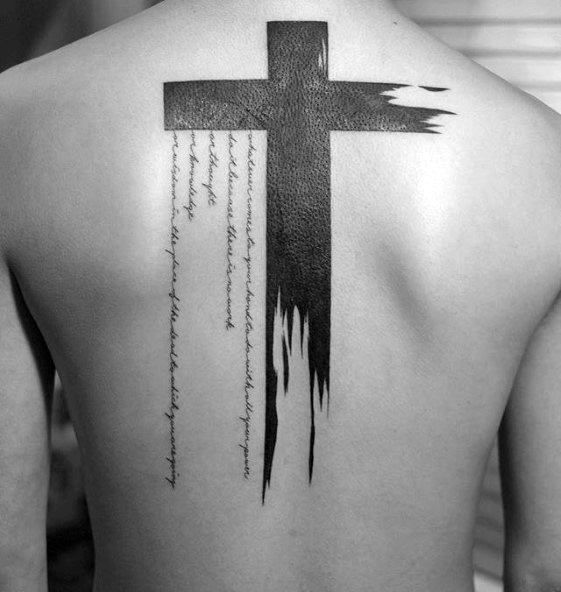 Black Watercolor Cross Tattoo On Back