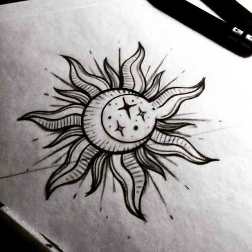 Black and White Line work Sun Tattoo