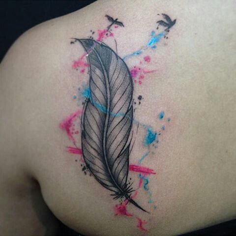 Black and gray Feather With Color Splash Birds Tattoo On Back Shoulder