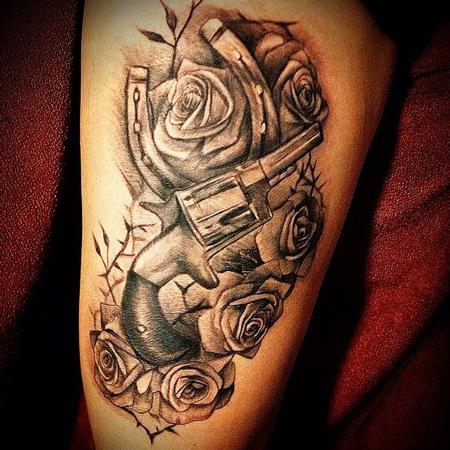Black and gray Rose Flower And Pistol Tattoo