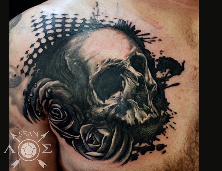 Black ink Roses And Skull Tattoo On chest