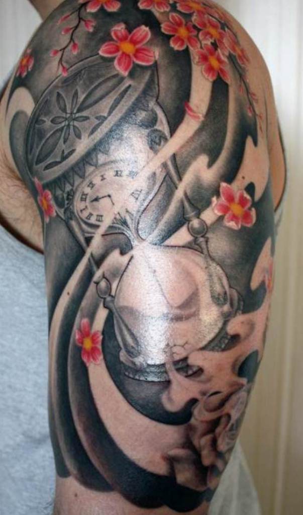 Blossom Flowers And Hourglass Tattoo On Half Sleeve For Men