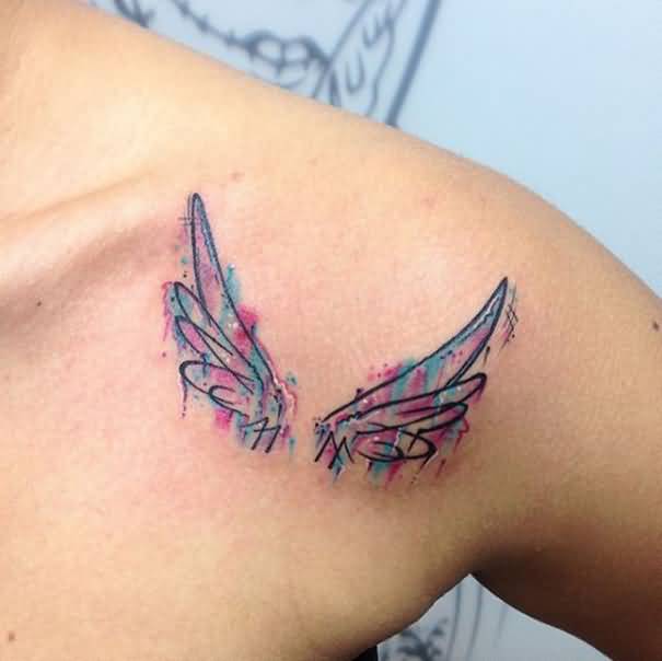 Blue And Pink Color Small Angel Wings Tattoo On Front Shoulder