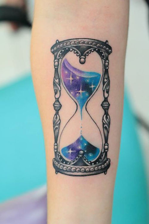 Blue And Purple sand Inside Hourglass Tattoo