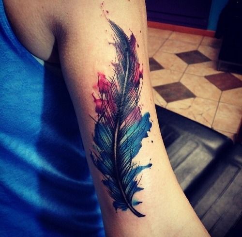 Blue And Red Color Feather Tattoo On Bicep
